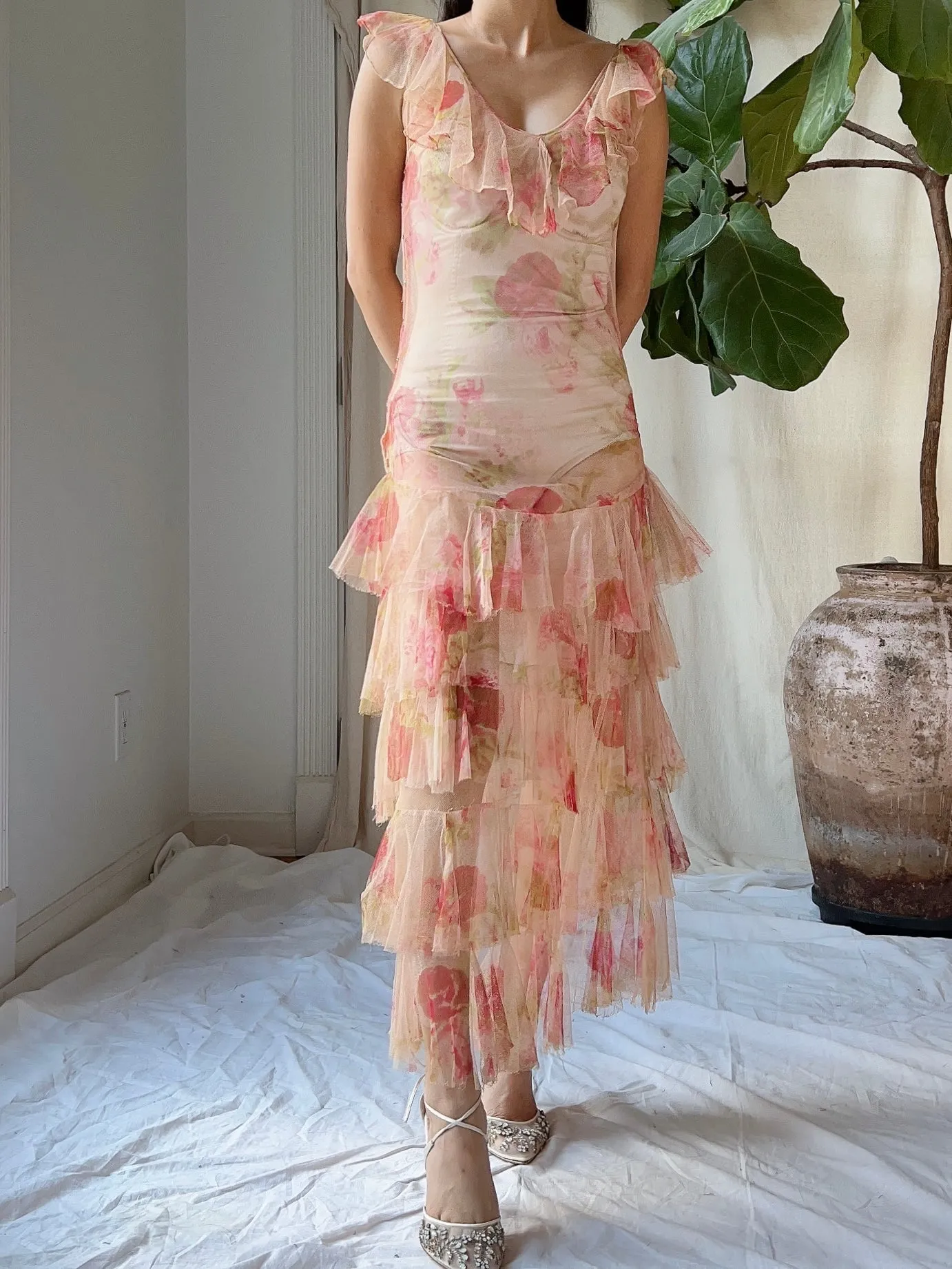 1930s Pink Sheer Tulle Gown - XS