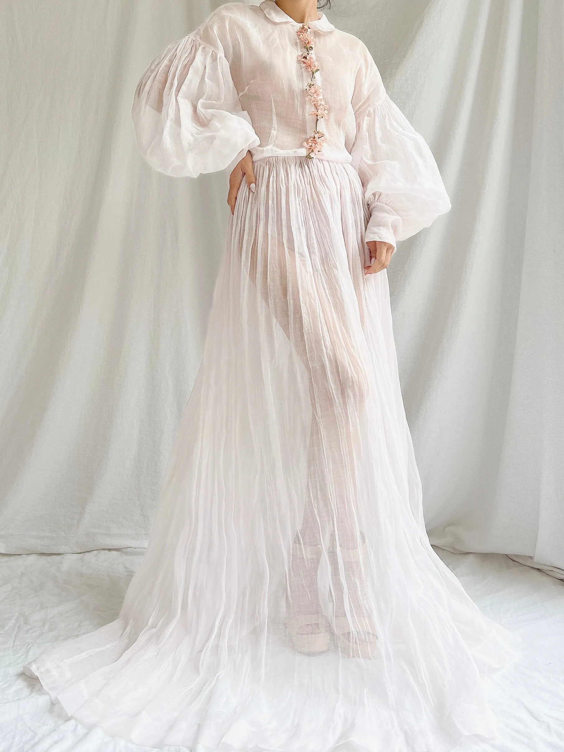 1940s Sheer Organdy Puff Sleeves Gown - M