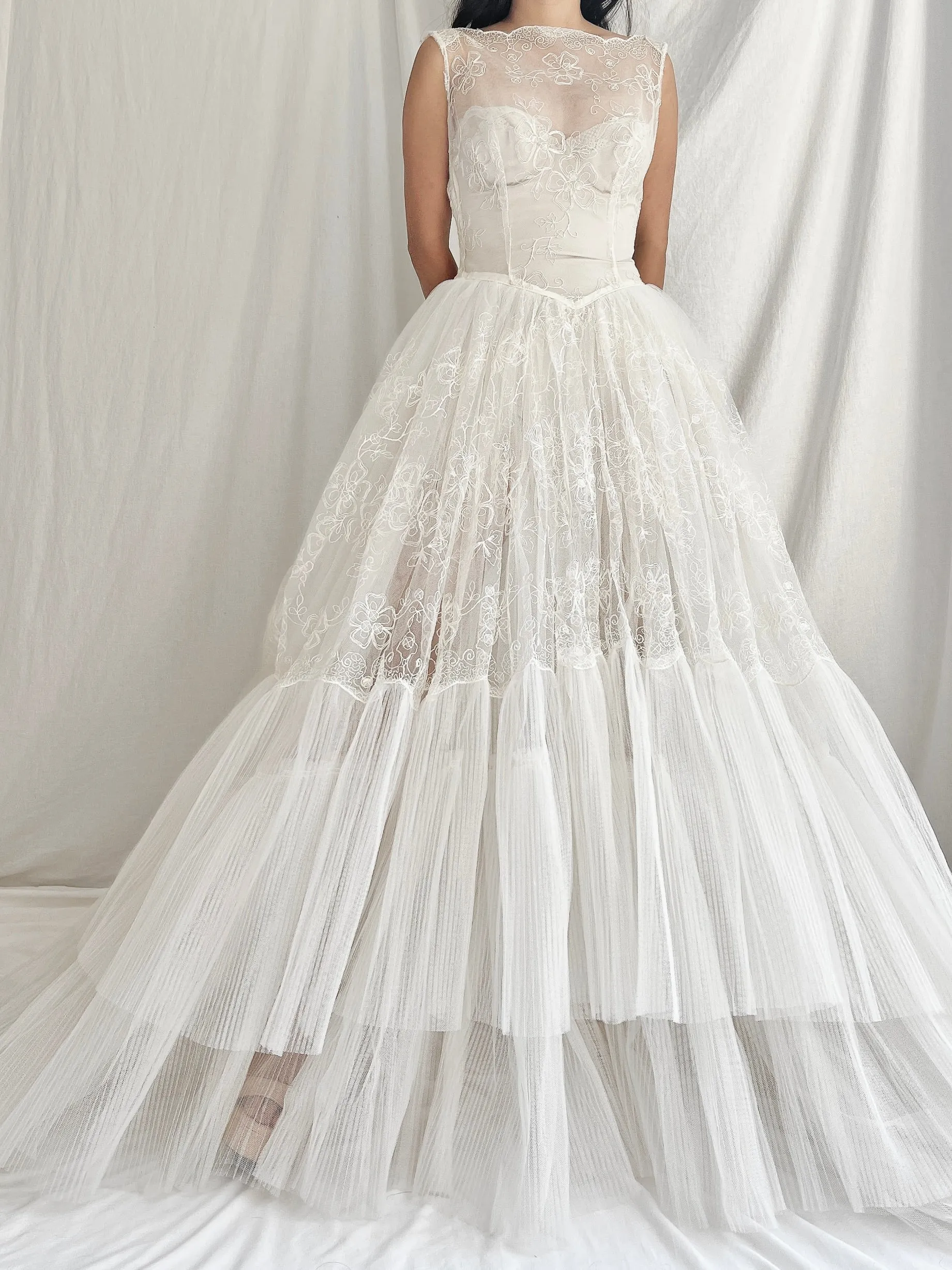 1950s Sheer Tulle Embroidered Dress - XS