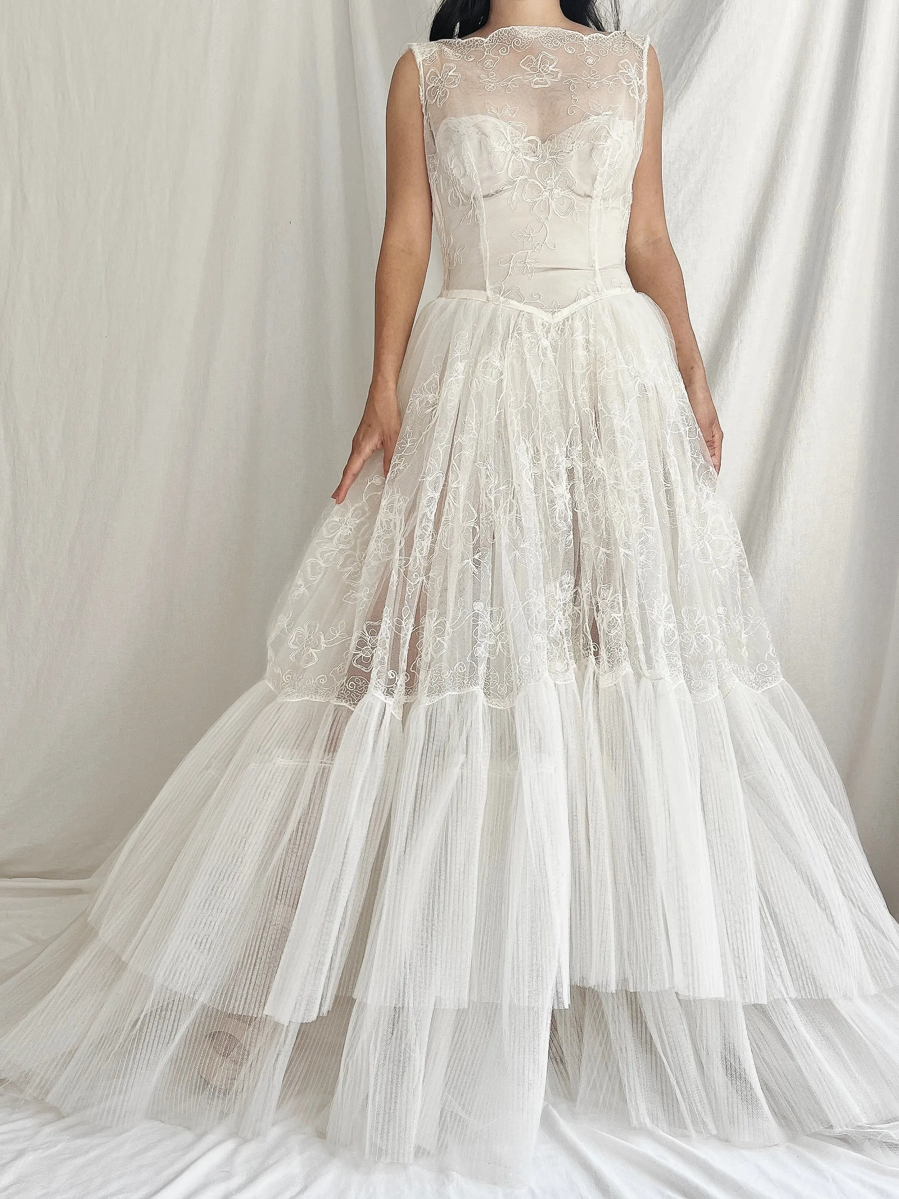 1950s Sheer Tulle Embroidered Dress - XS