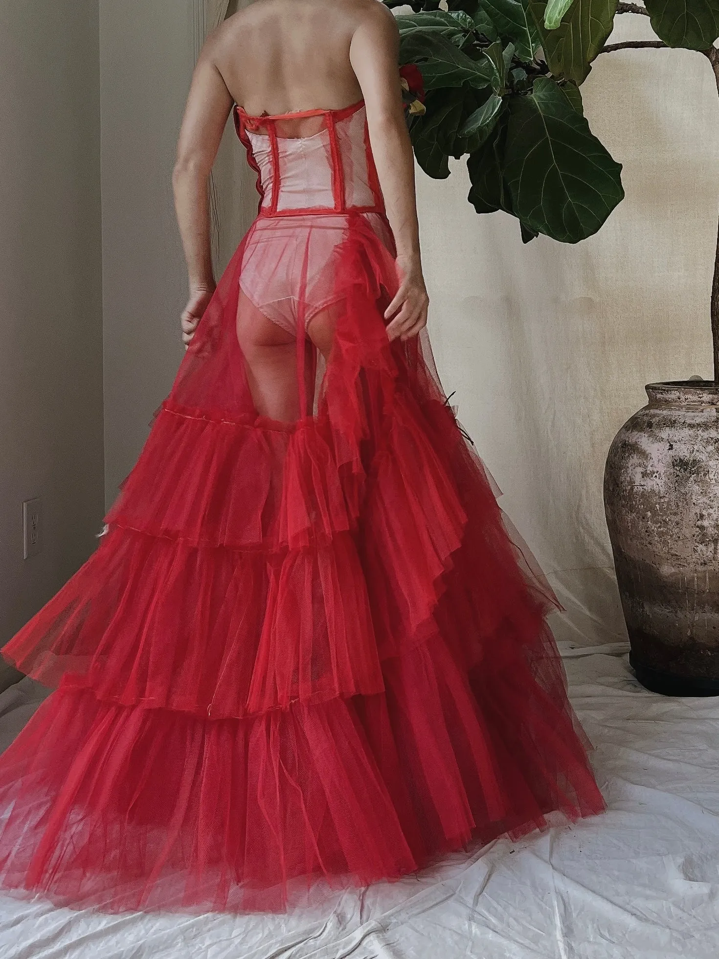 1950s Strapless Red Tiered Tulle Gown - XS