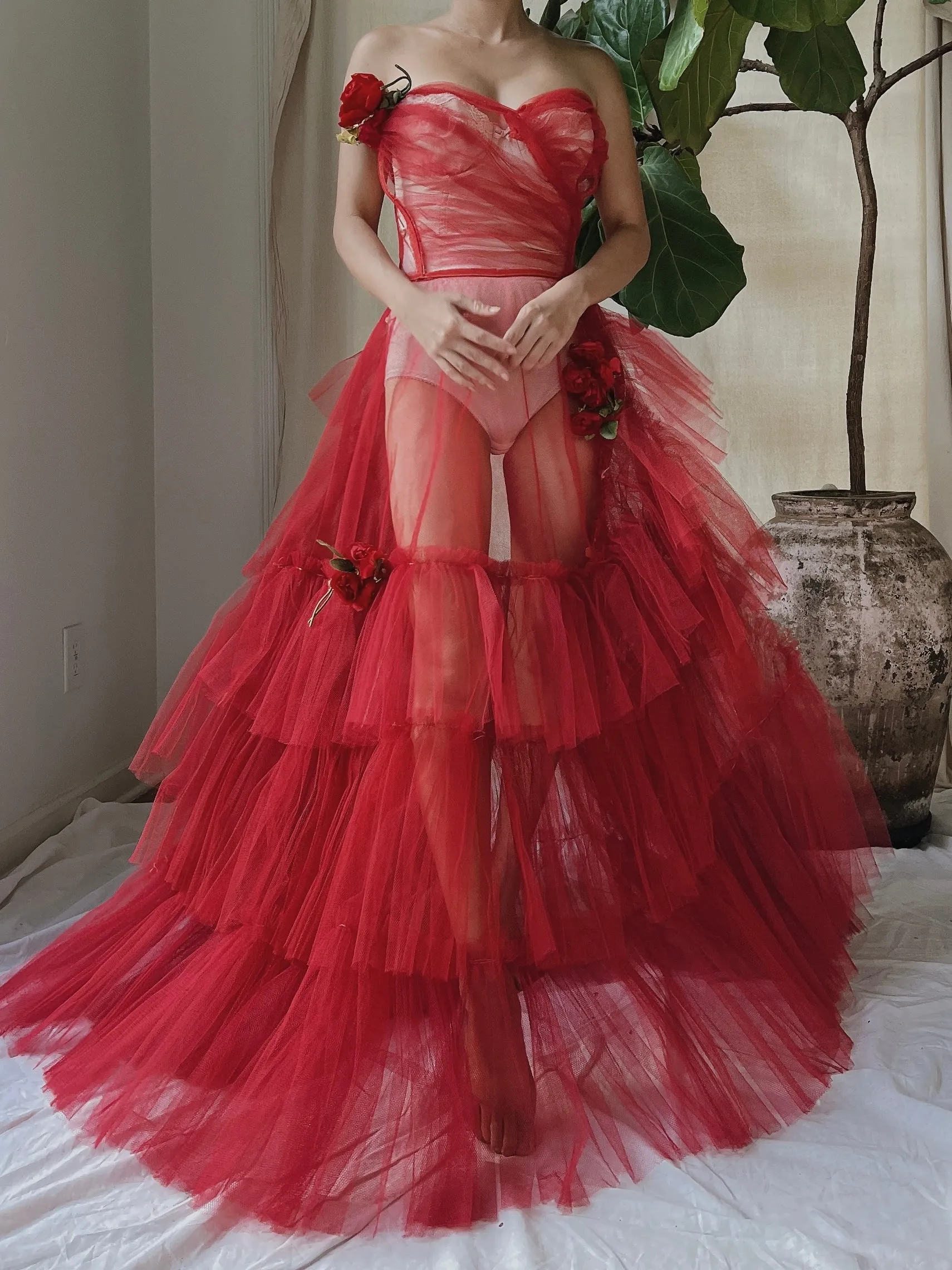 1950s Strapless Red Tiered Tulle Gown - XS