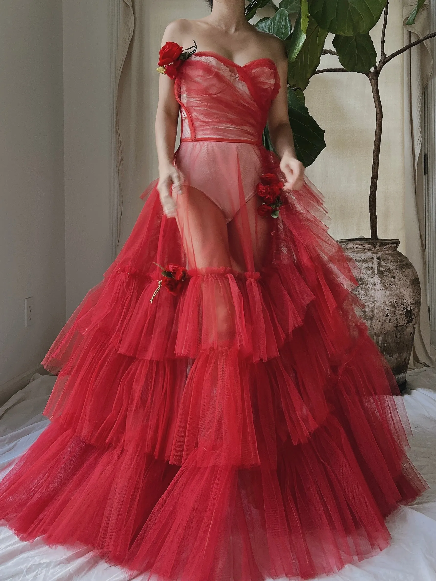 1950s Strapless Red Tiered Tulle Gown - XS