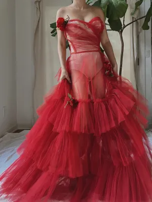 1950s Strapless Red Tiered Tulle Gown - XS