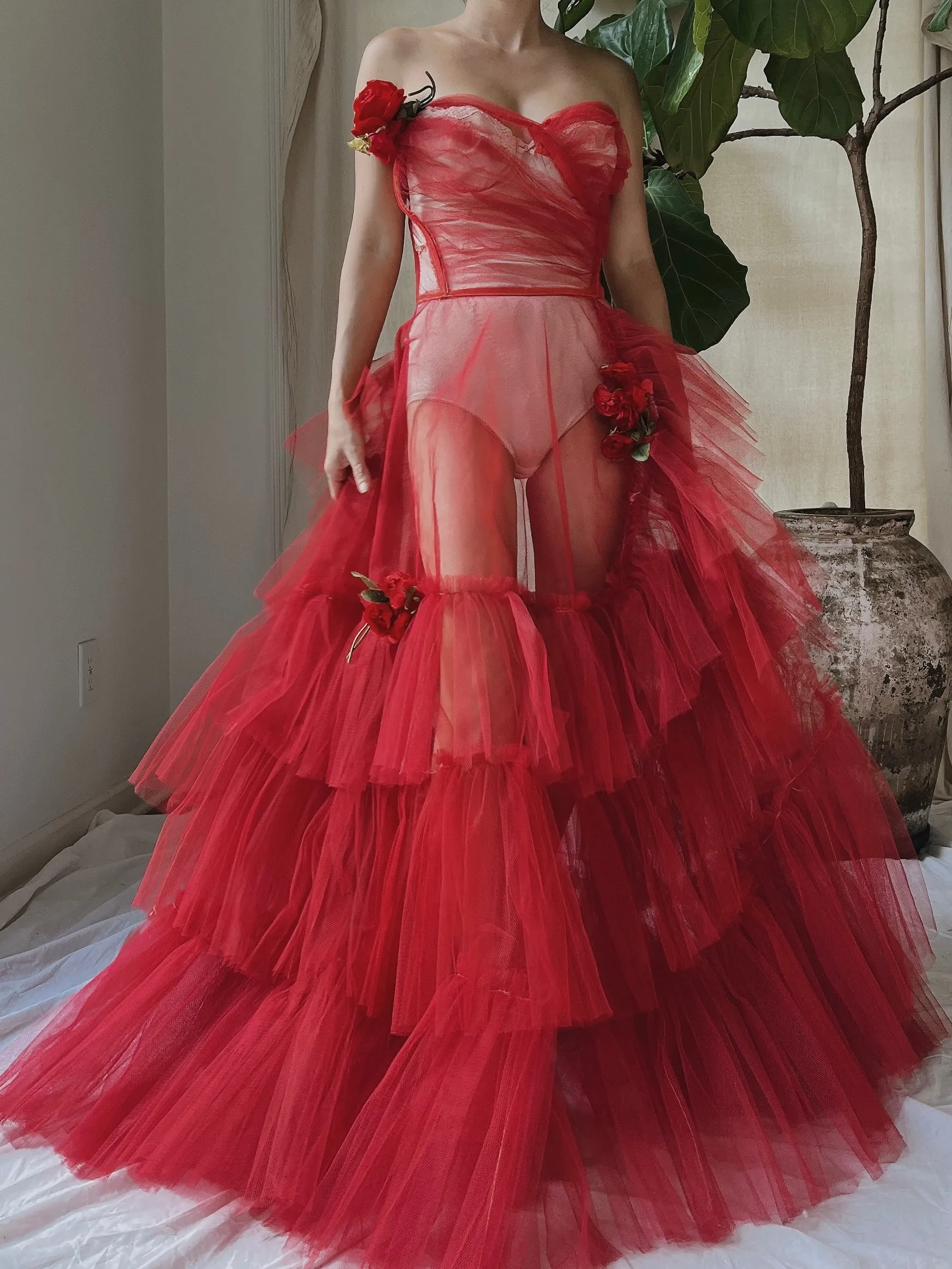 1950s Strapless Red Tiered Tulle Gown - XS
