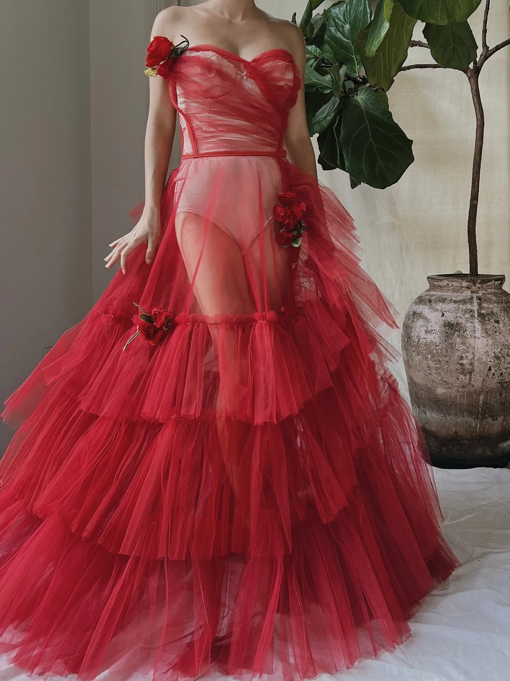 1950s Strapless Red Tiered Tulle Gown - XS