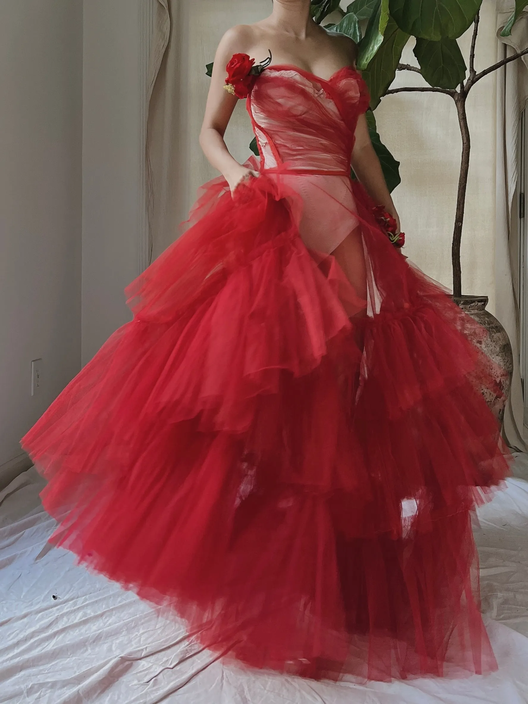 1950s Strapless Red Tiered Tulle Gown - XS