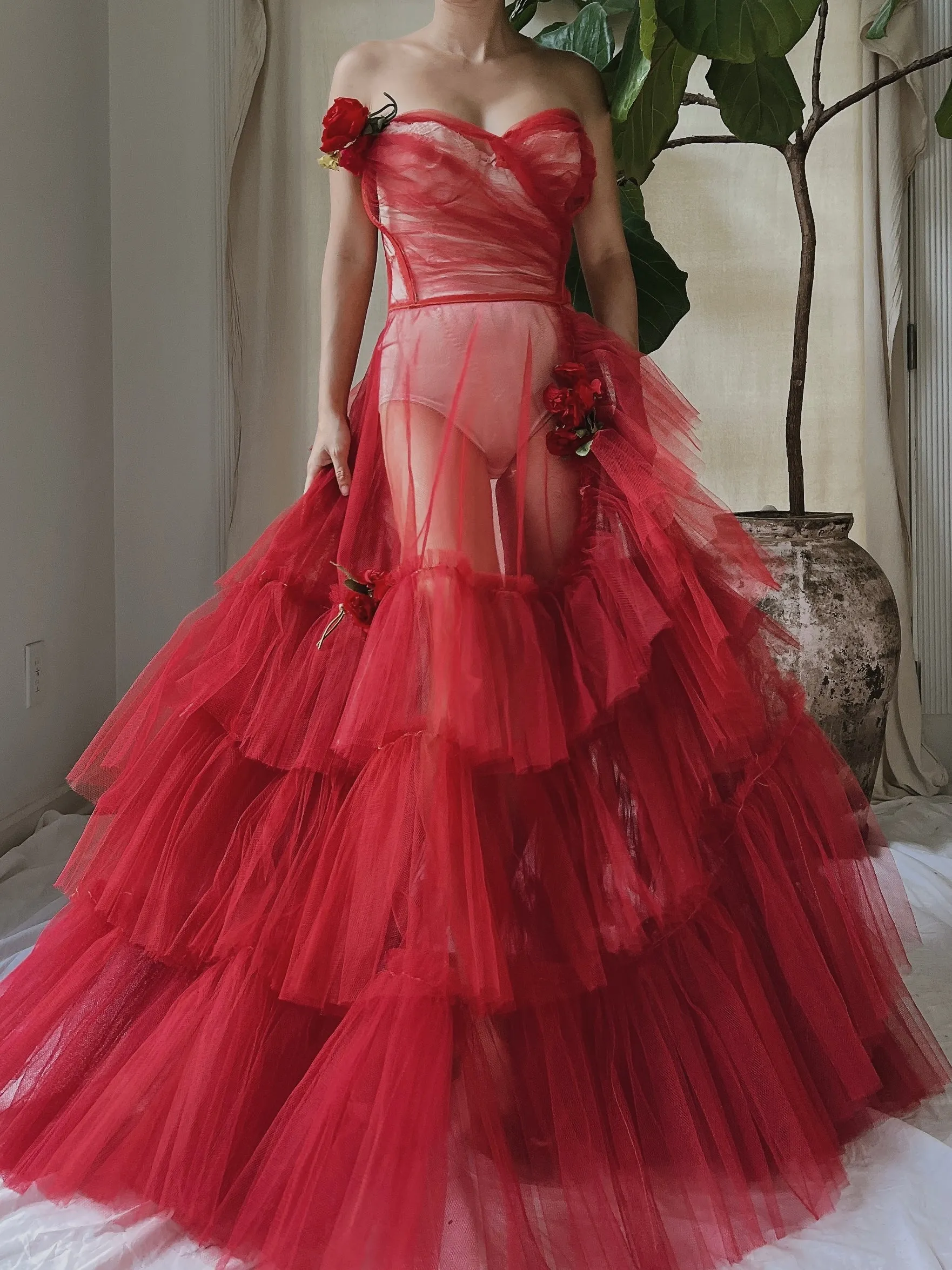 1950s Strapless Red Tiered Tulle Gown - XS