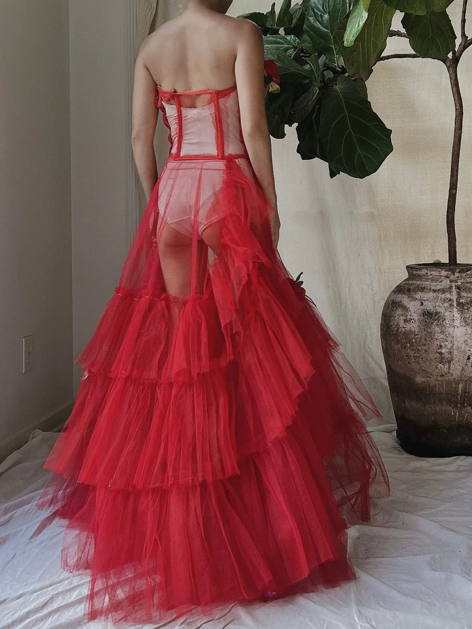 1950s Strapless Red Tiered Tulle Gown - XS