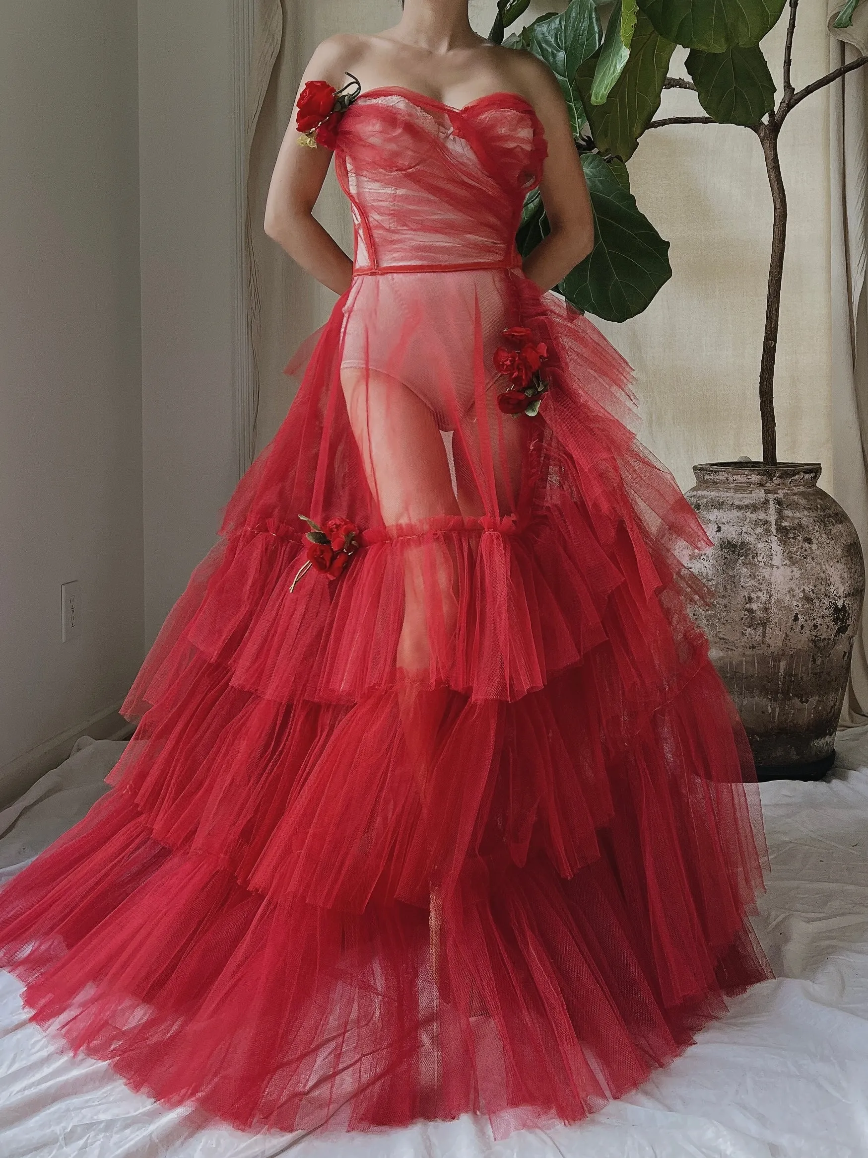 1950s Strapless Red Tiered Tulle Gown - XS