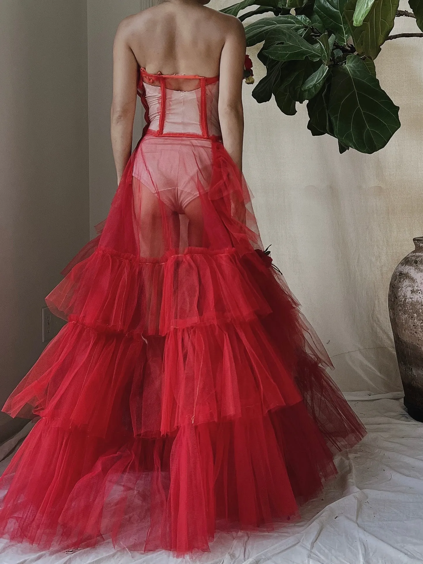 1950s Strapless Red Tiered Tulle Gown - XS