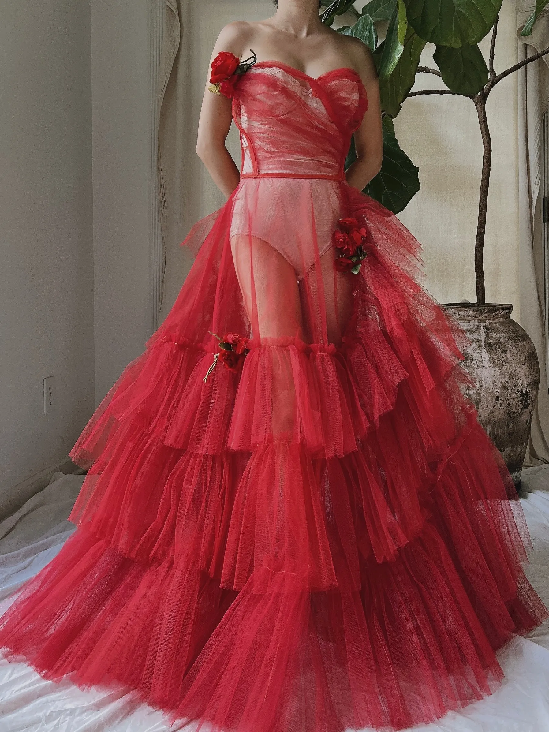 1950s Strapless Red Tiered Tulle Gown - XS