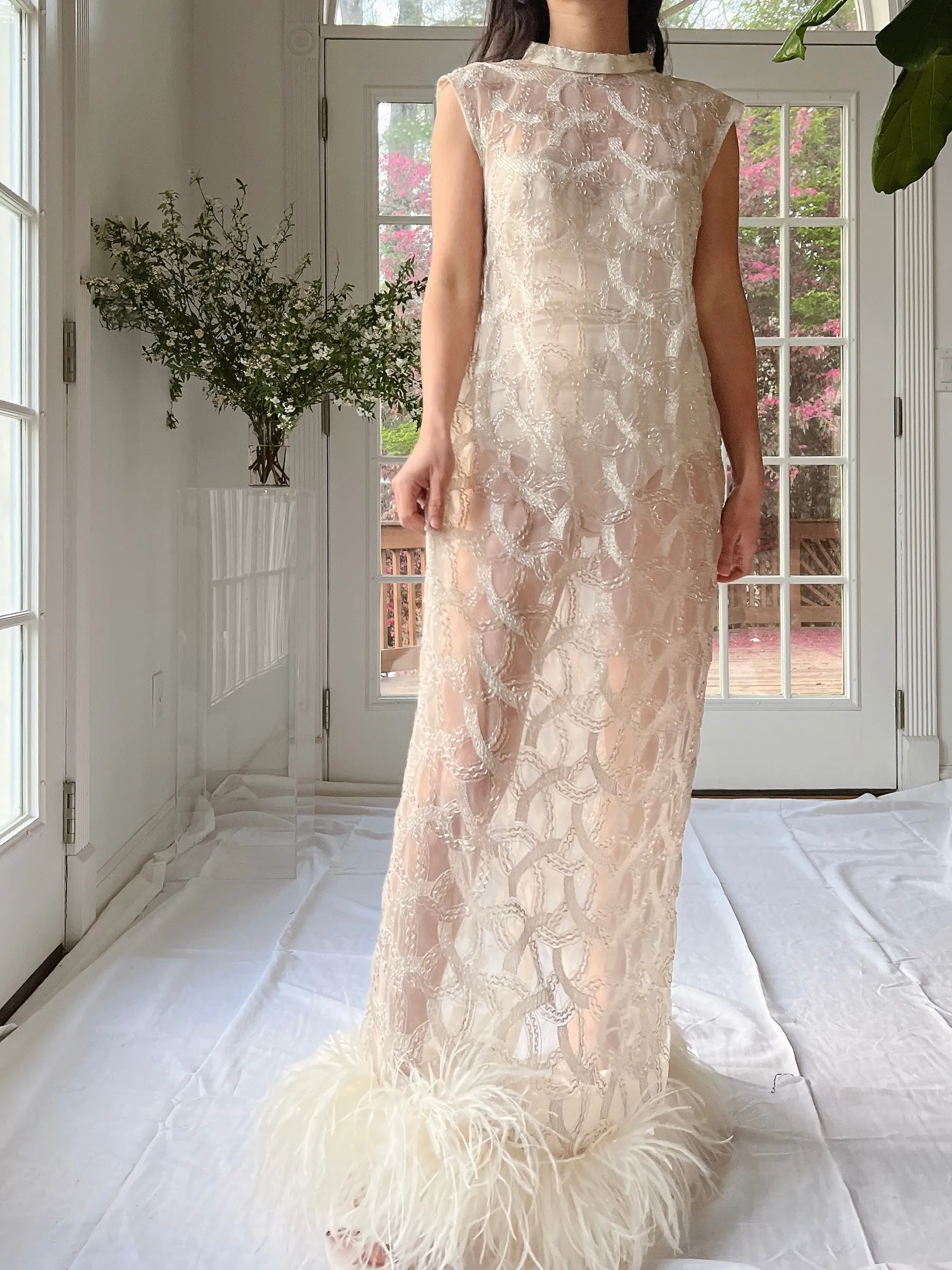 1960s Beaded Organza Dress with Feathers - S-L