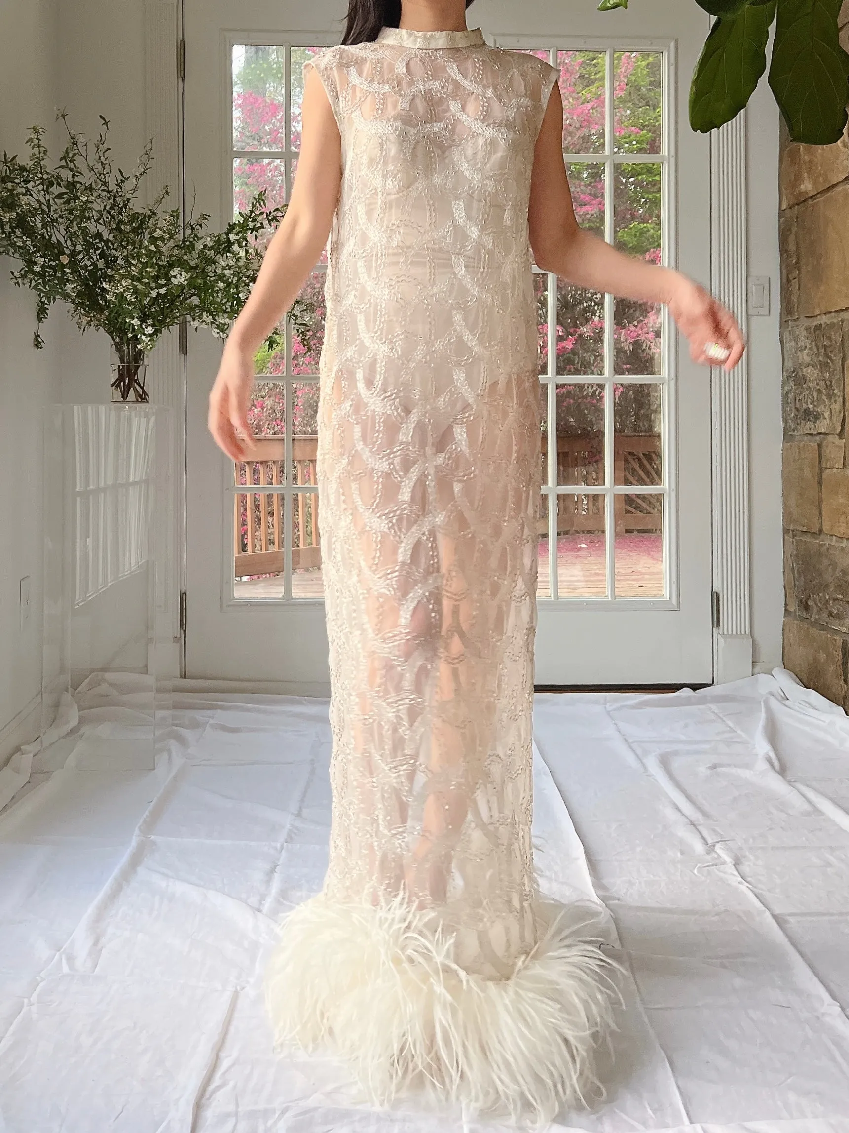 1960s Beaded Organza Dress with Feathers - S-L