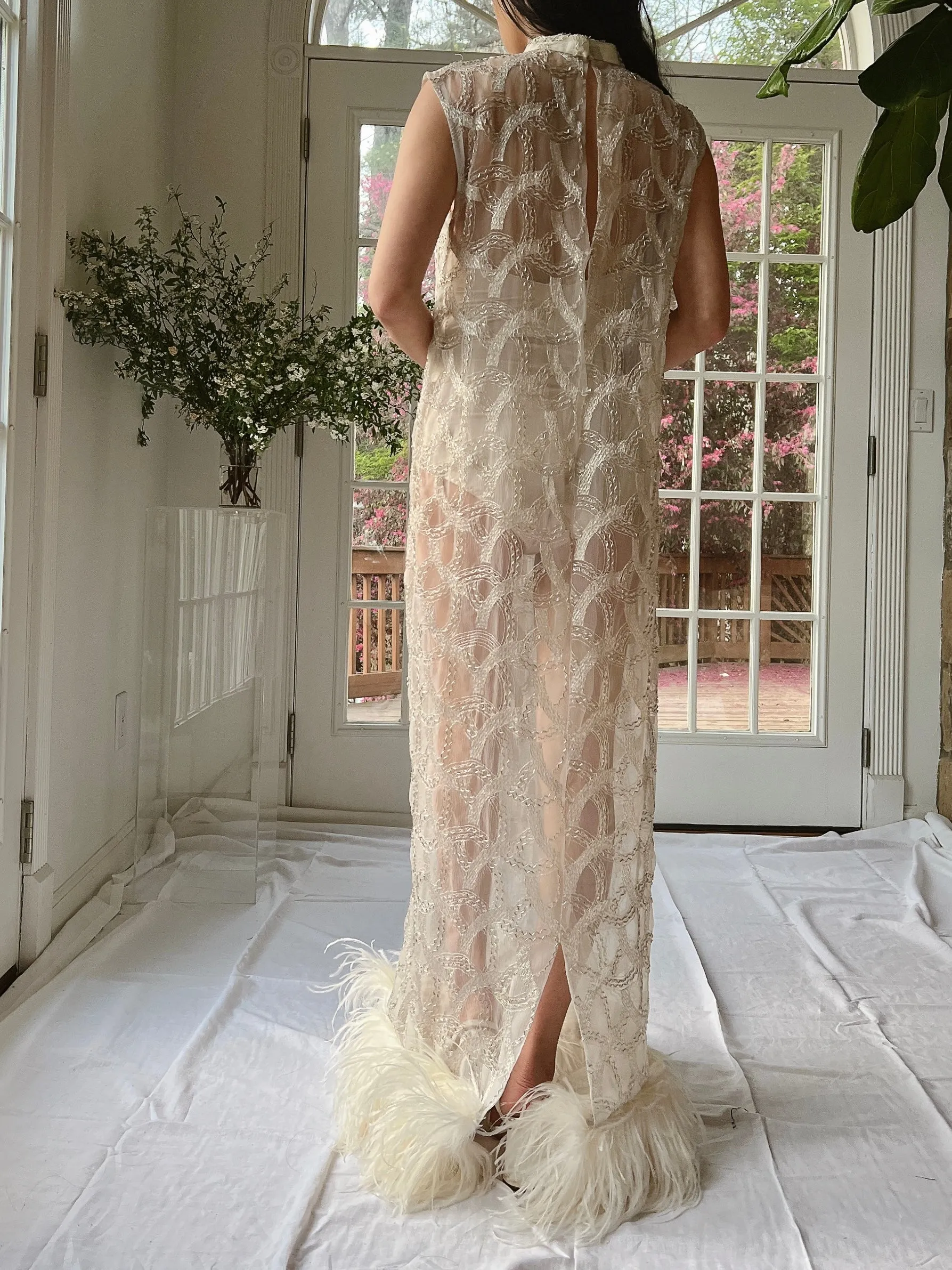 1960s Beaded Organza Dress with Feathers - S-L