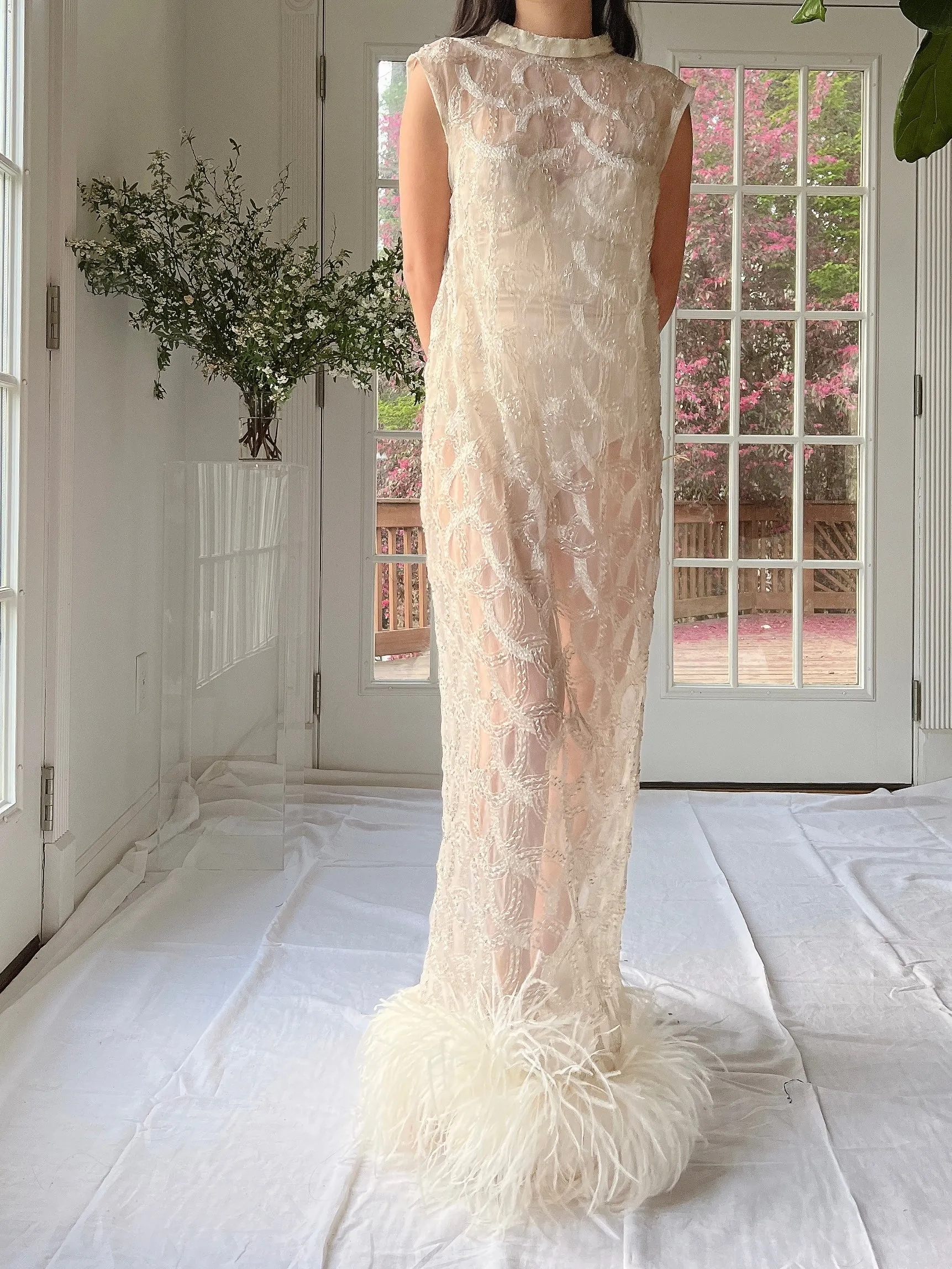 1960s Beaded Organza Dress with Feathers - S-L