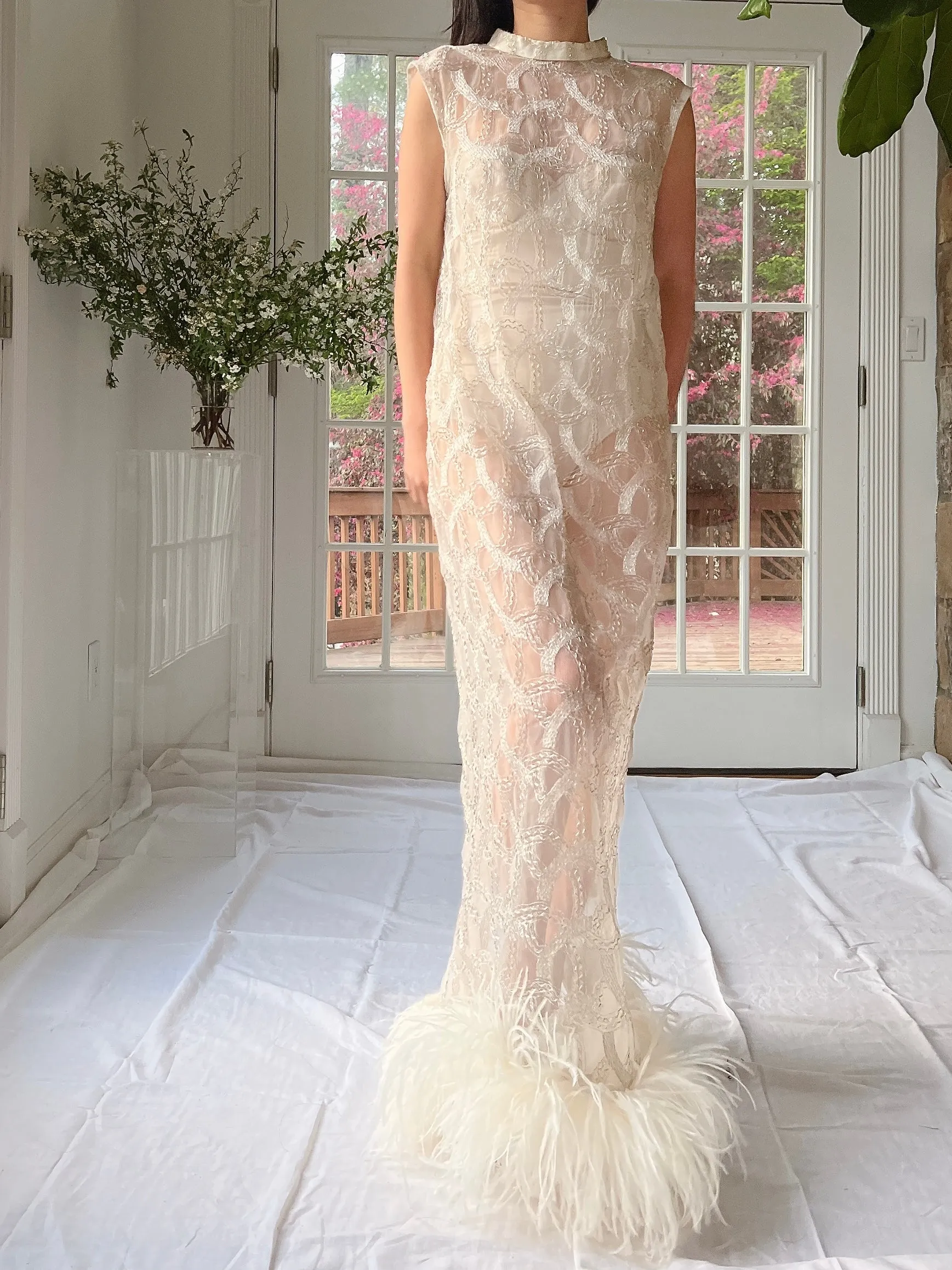 1960s Beaded Organza Dress with Feathers - S-L
