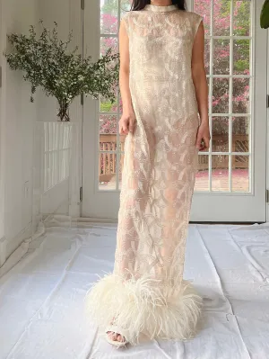 1960s Beaded Organza Dress with Feathers - S-L