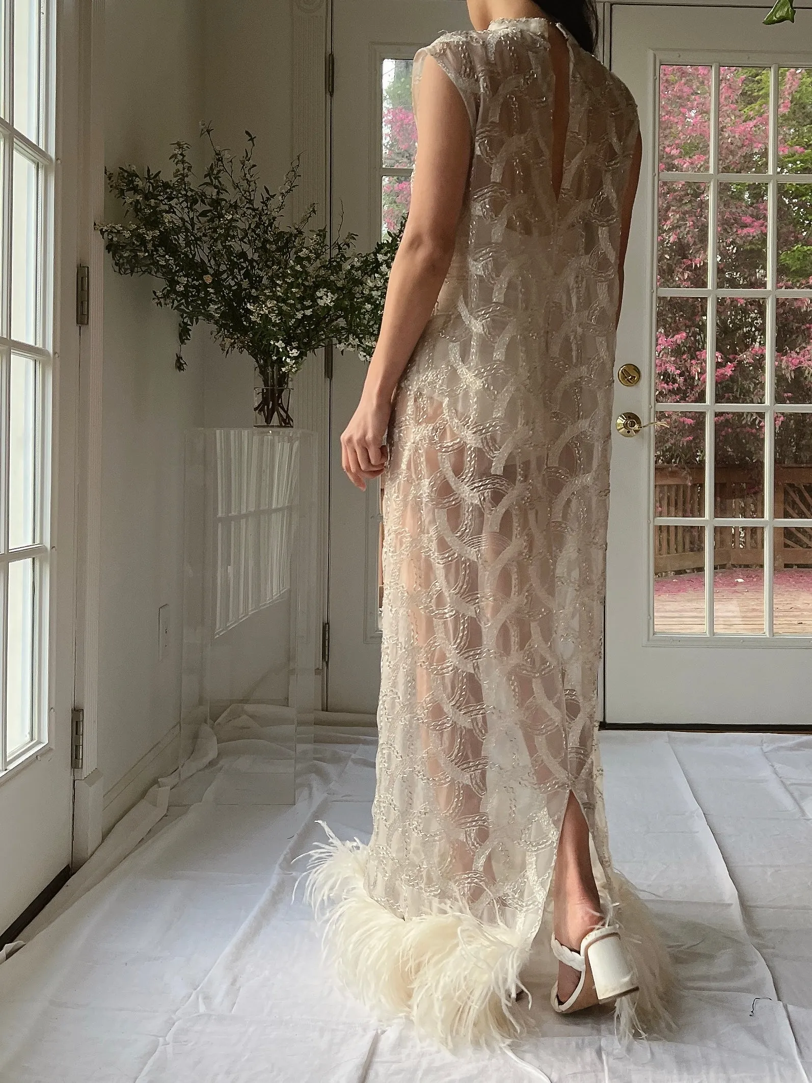 1960s Beaded Organza Dress with Feathers - S-L
