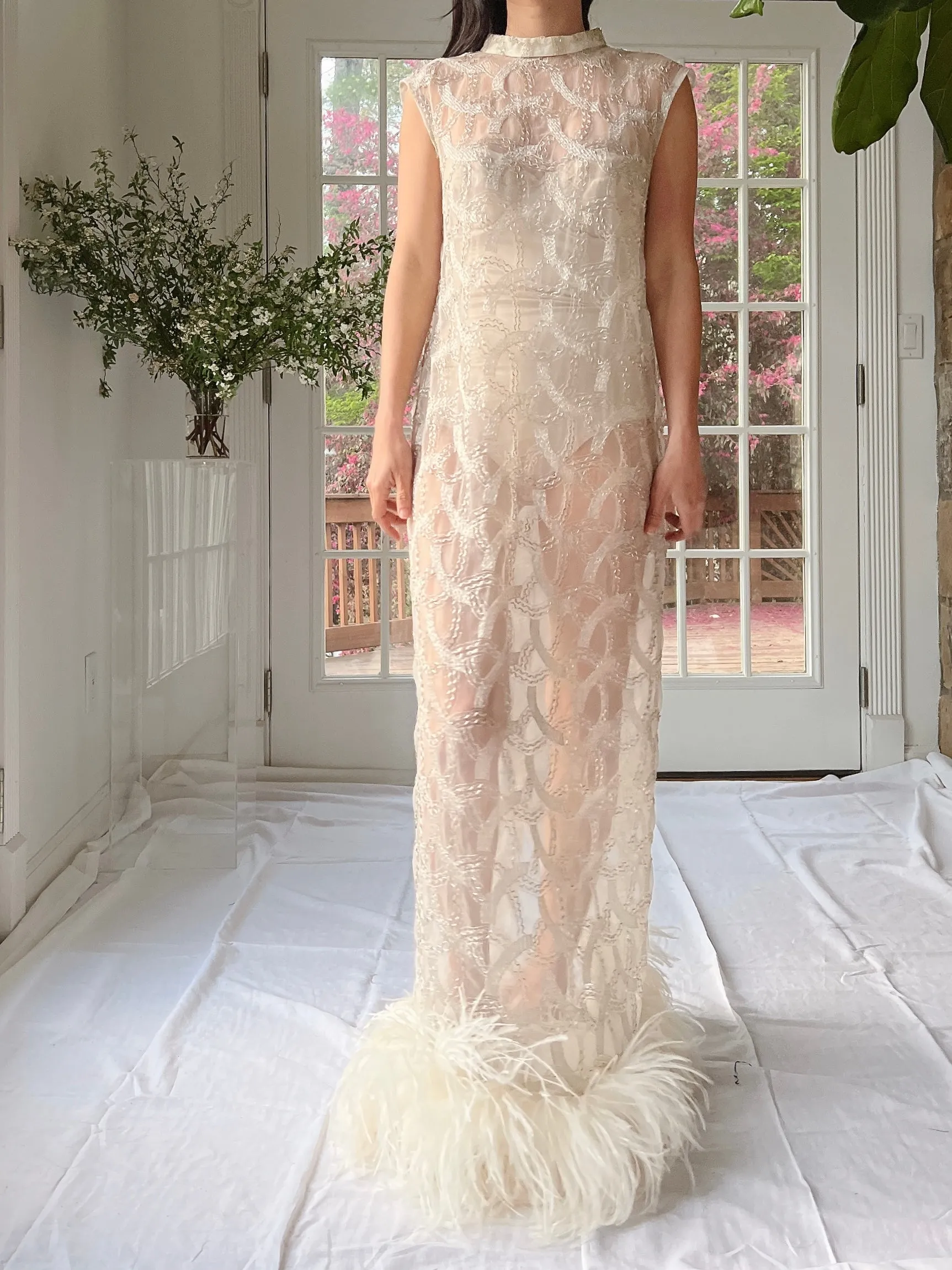1960s Beaded Organza Dress with Feathers - S-L