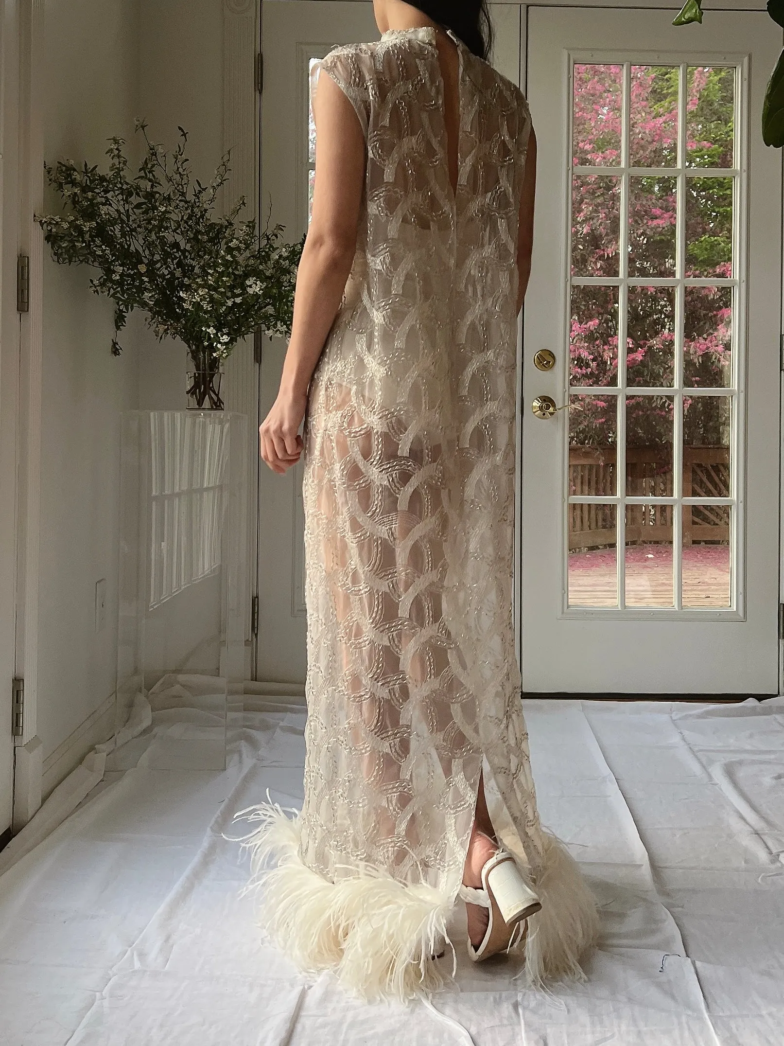 1960s Beaded Organza Dress with Feathers - S-L