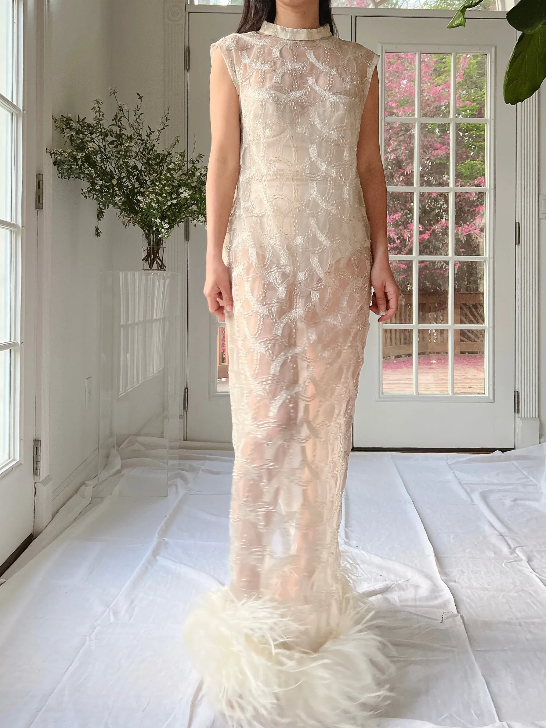 1960s Beaded Organza Dress with Feathers - S-L