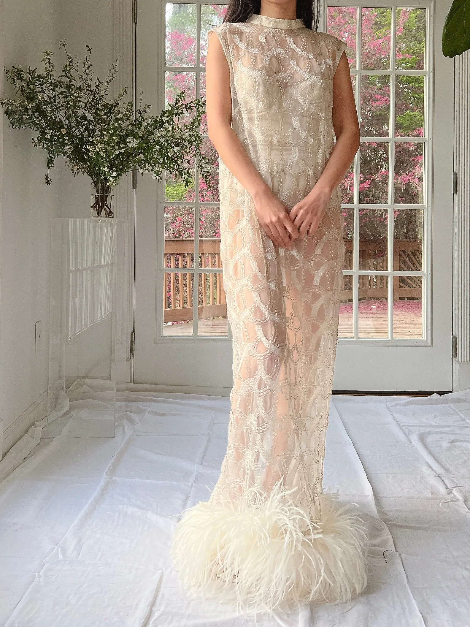 1960s Beaded Organza Dress with Feathers - S-L