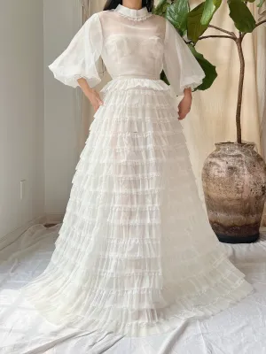 1960s Sheer Puff Sleeves Tiered Gown - S