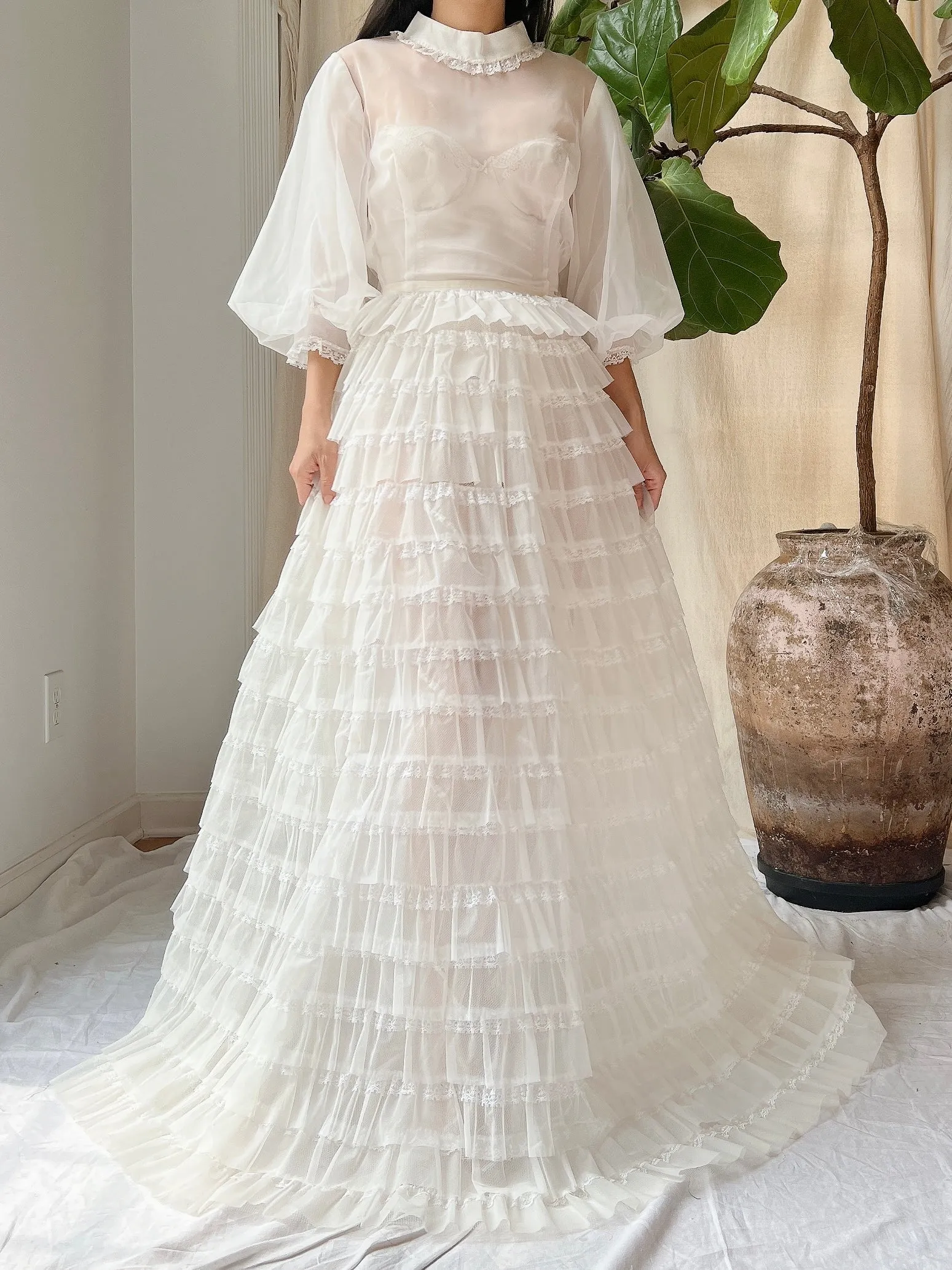 1960s Sheer Puff Sleeves Tiered Gown - S