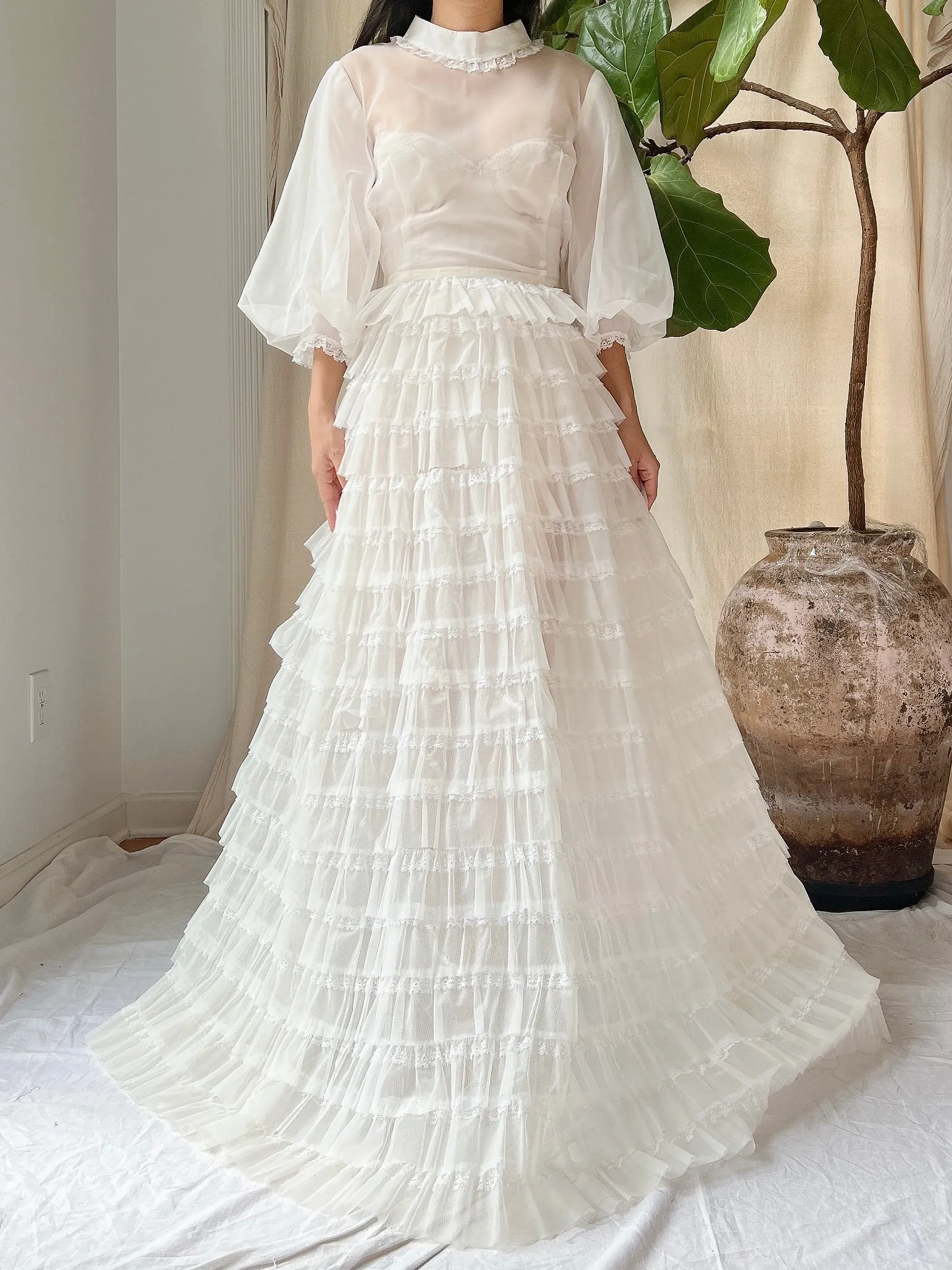 1960s Sheer Puff Sleeves Tiered Gown - S
