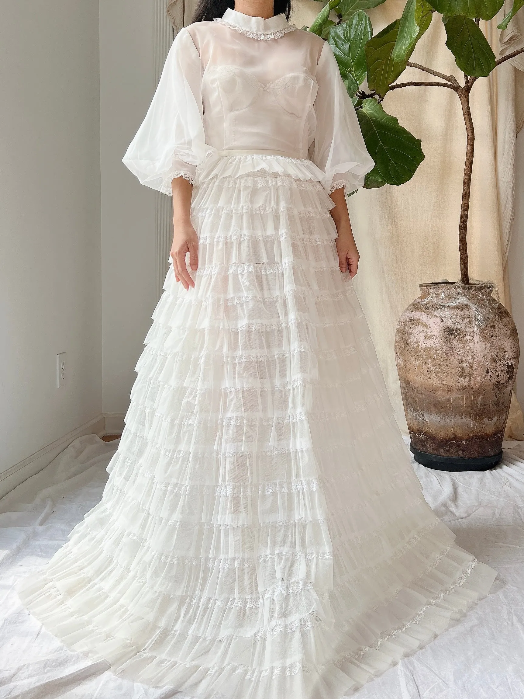 1960s Sheer Puff Sleeves Tiered Gown - S