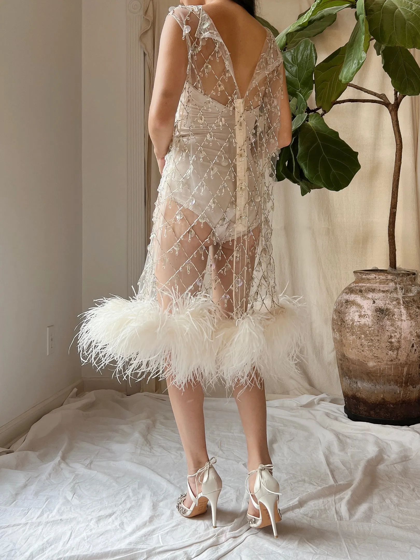 1960s Sheer Tulle Beaded Feather Dress - M