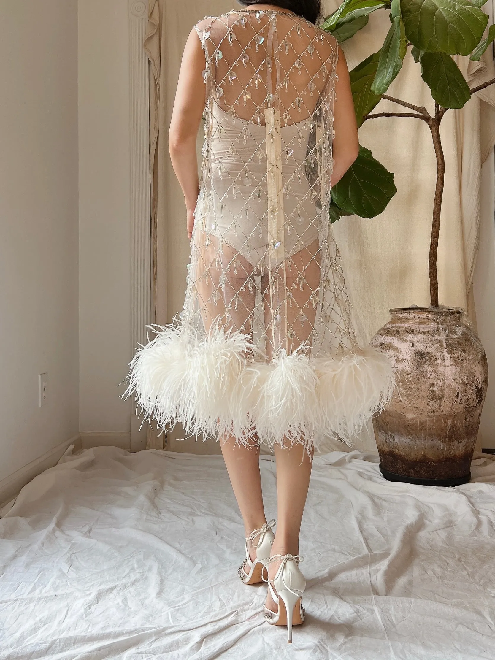 1960s Sheer Tulle Beaded Feather Dress - M