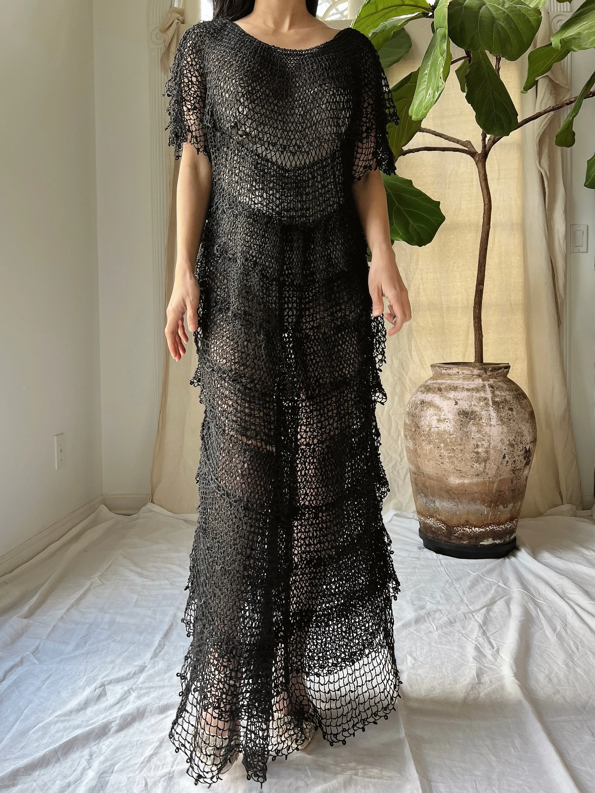 1970s Crochet Tiered Dress - S-M