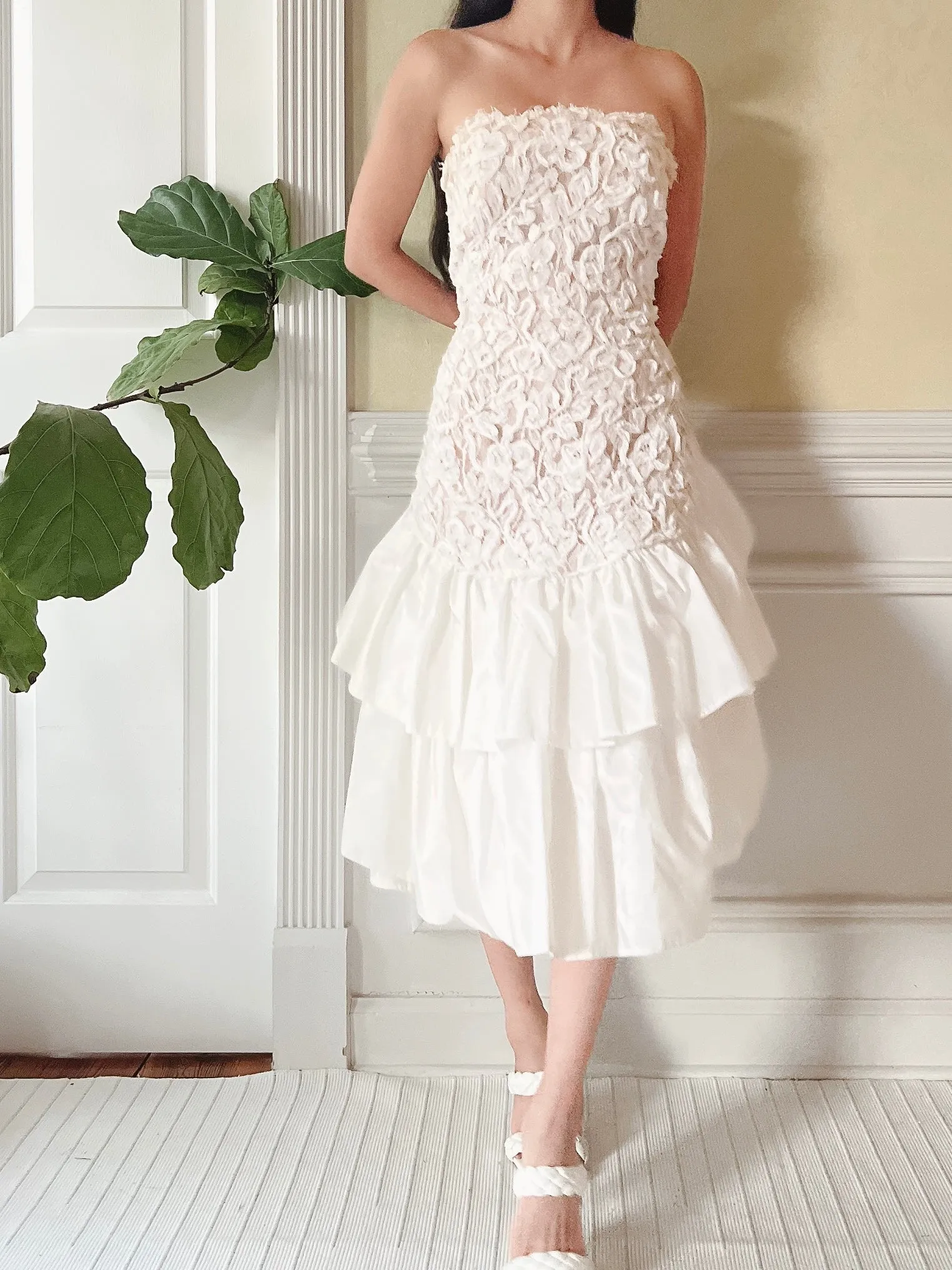 1980s Victor Costa Tiered Lace Dress - M