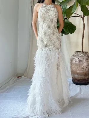 1990s Crystal Lace and Feather Gown - XS