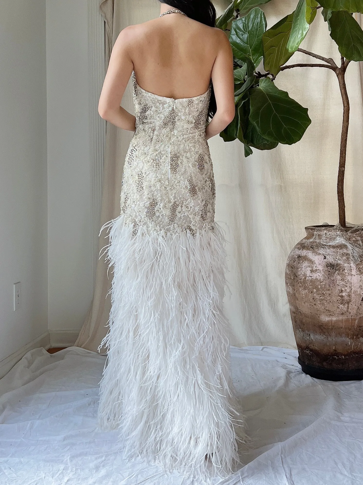1990s Crystal Lace and Feather Gown - XS