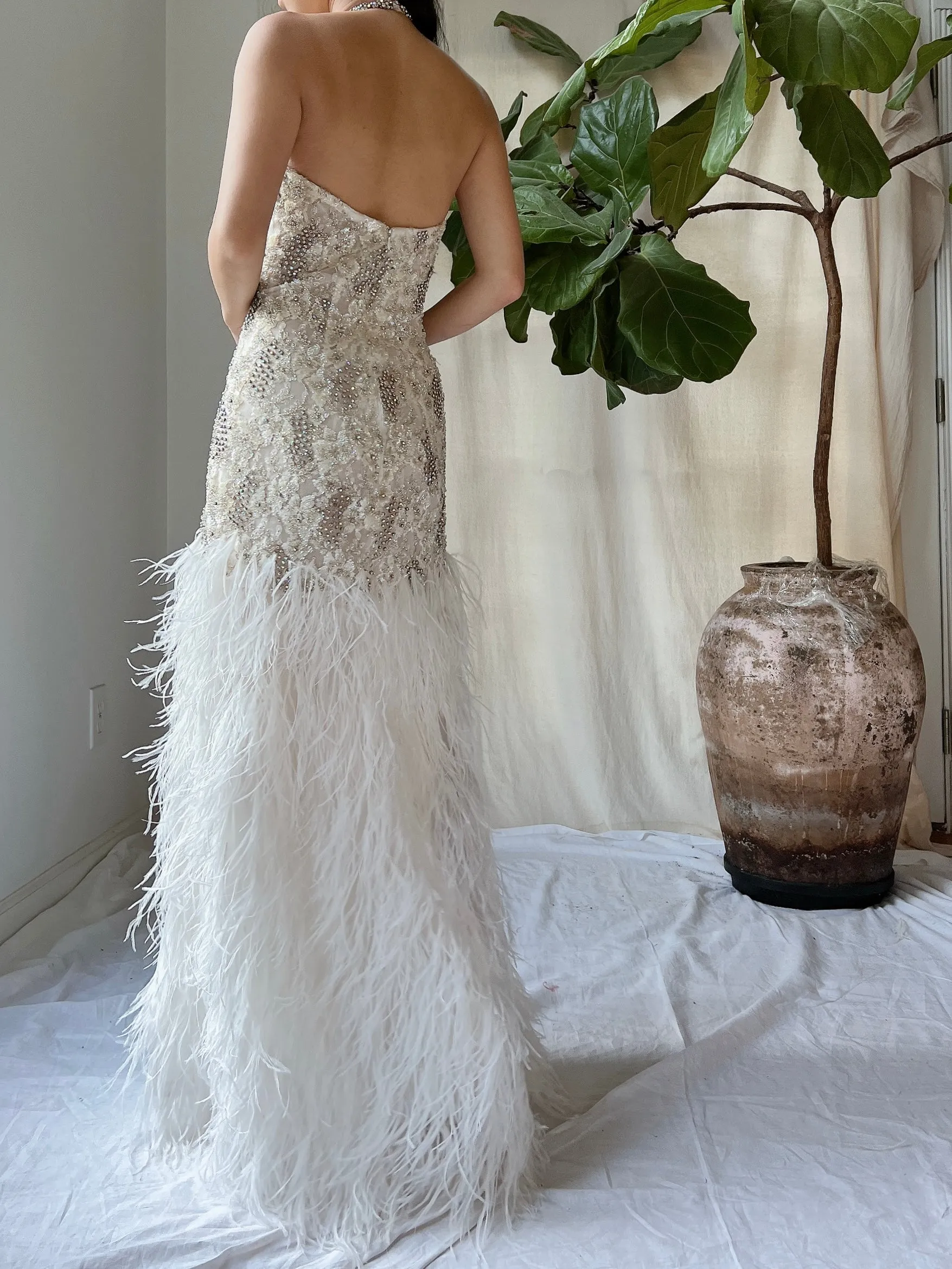 1990s Crystal Lace and Feather Gown - XS