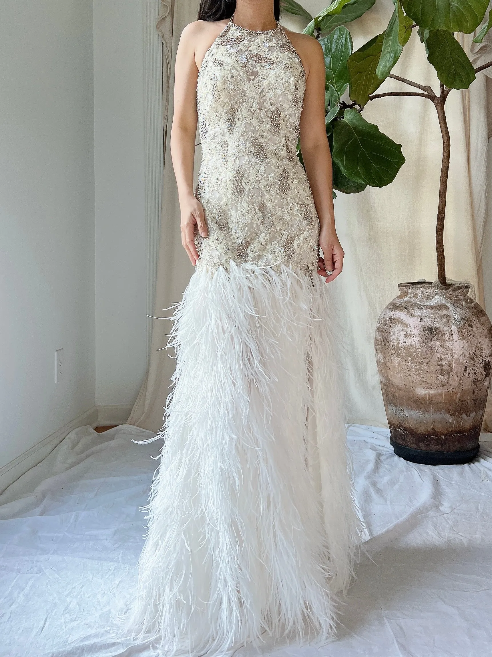 1990s Crystal Lace and Feather Gown - XS