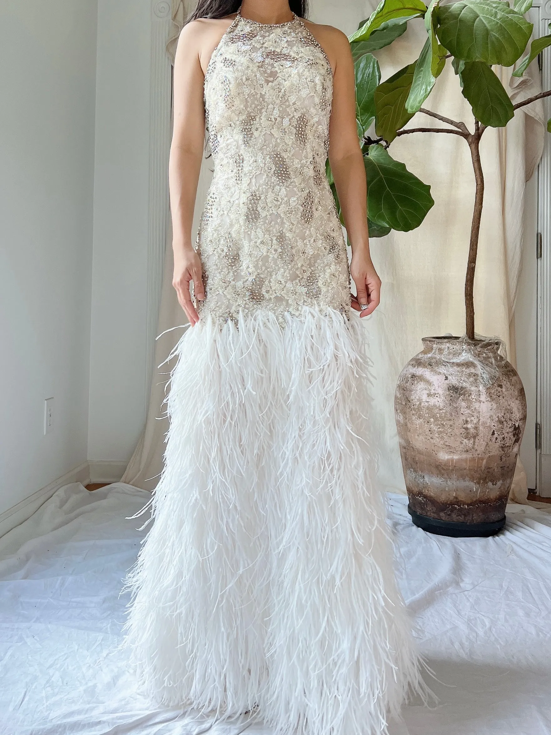 1990s Crystal Lace and Feather Gown - XS