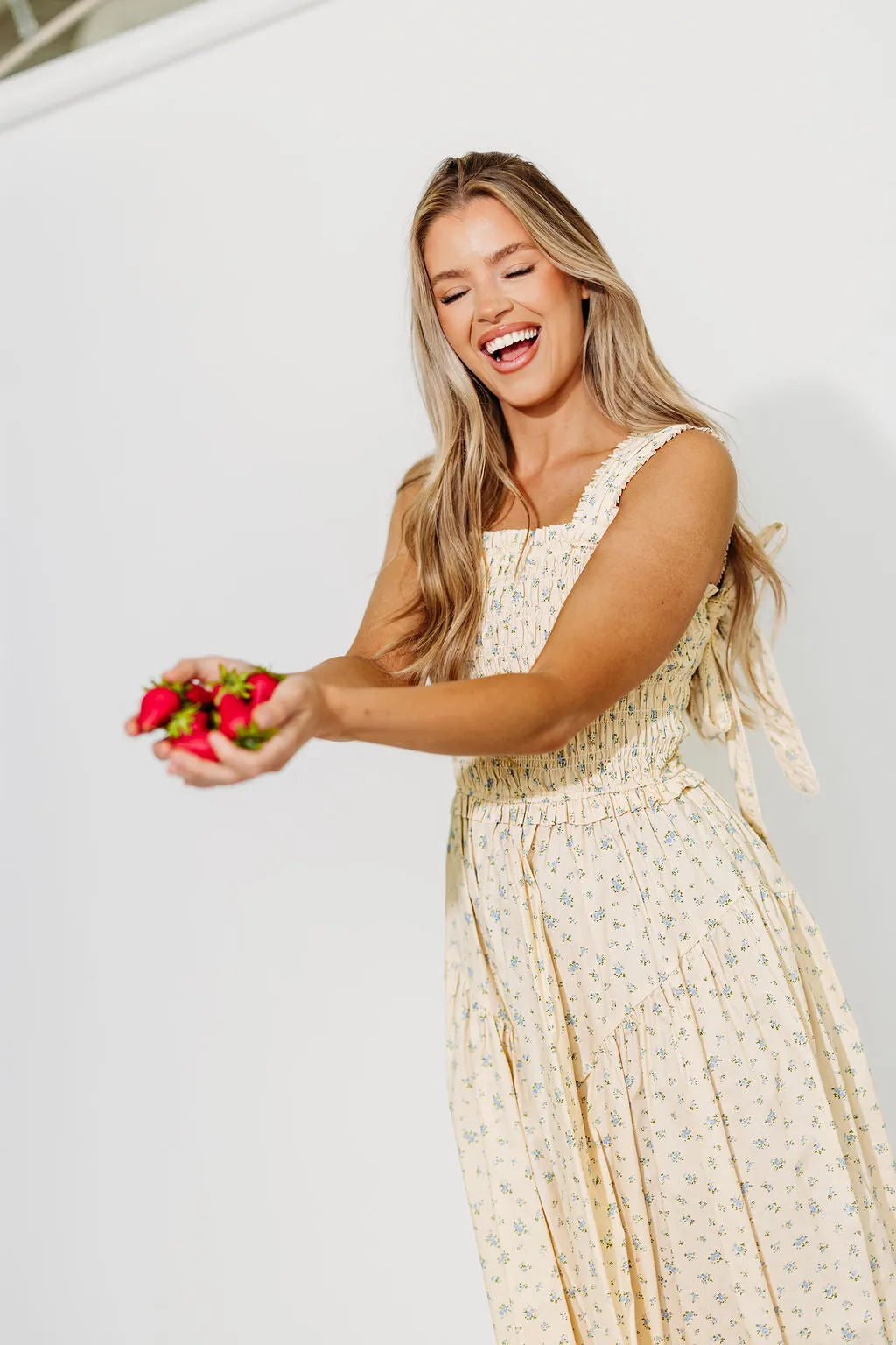 Ava 100% Cotton Smocked Midi Dress In Cream/Blue Floral