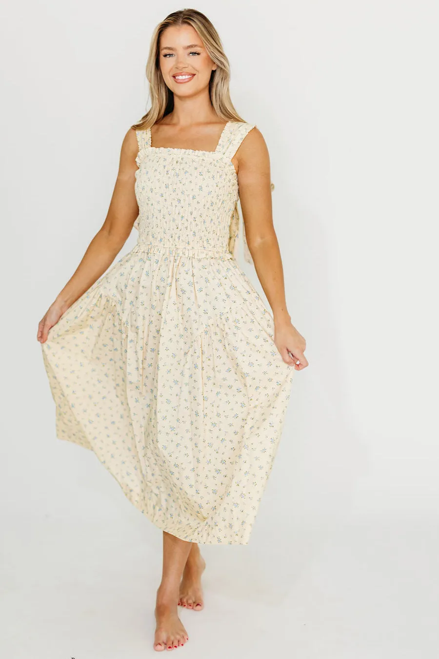 Ava 100% Cotton Smocked Midi Dress In Cream/Blue Floral