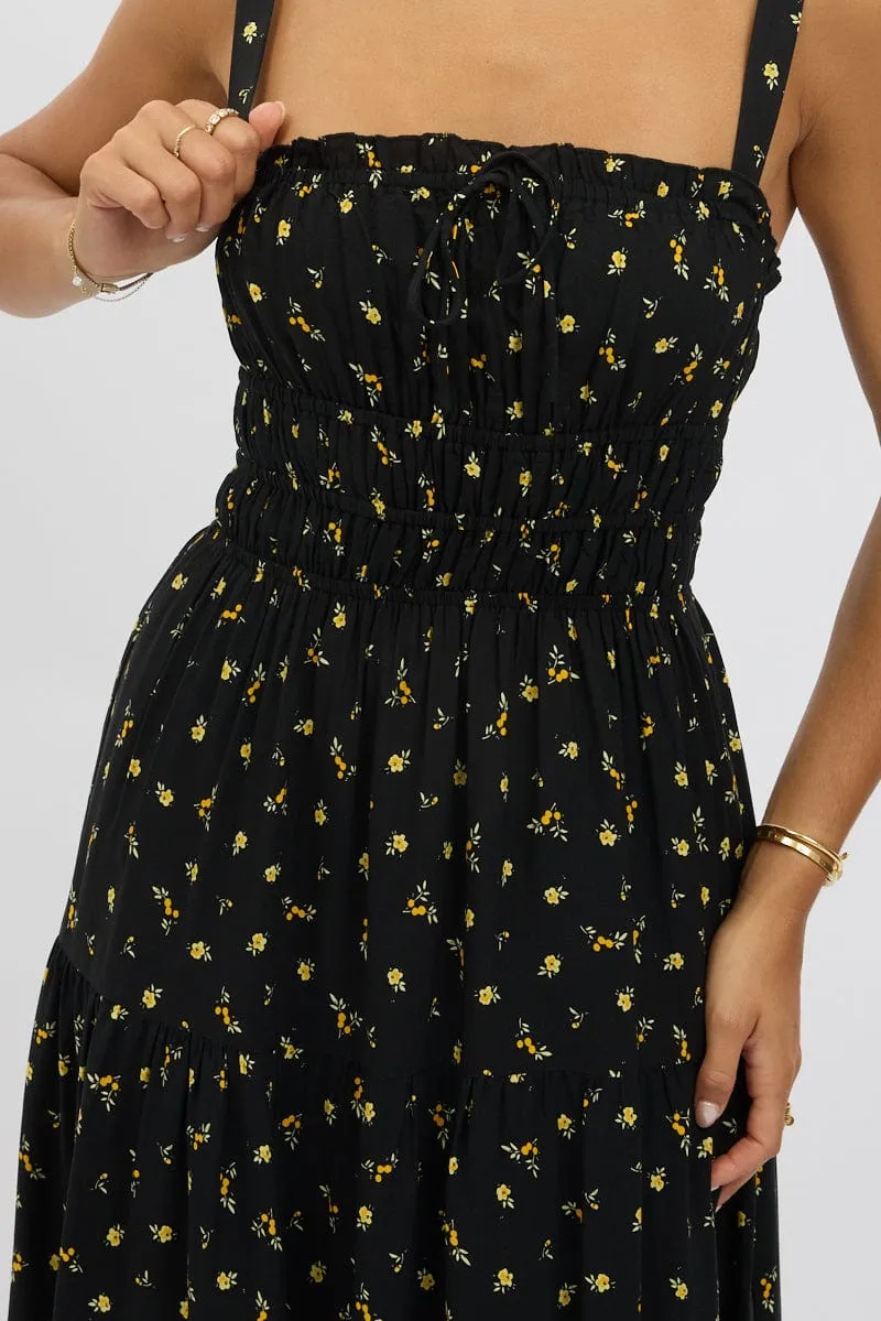 Black Ditsy Maxi Dress Strappy Tiered