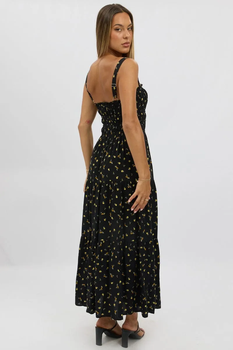 Black Ditsy Maxi Dress Strappy Tiered