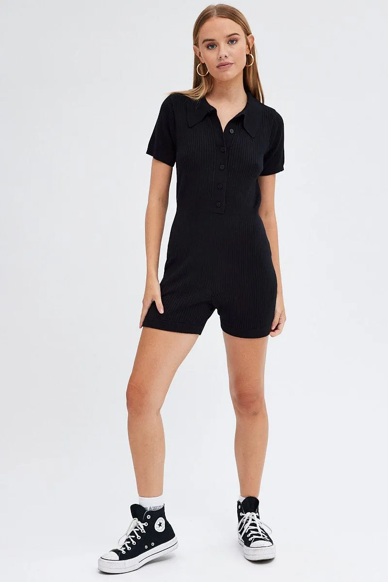 Black Knit Romper Short Sleeve Collared Onesie Unitard