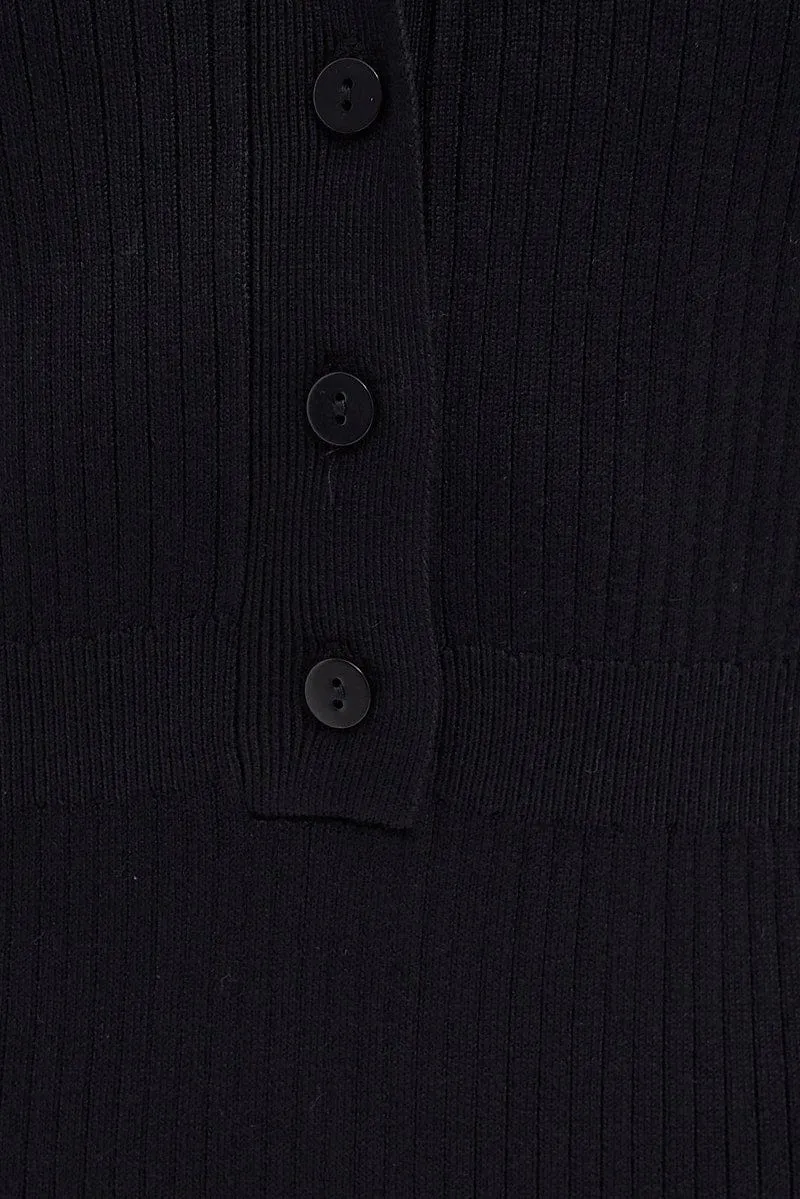 Black Knit Romper Short Sleeve Collared Onesie Unitard