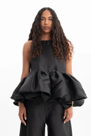 BLACK SLEEVELESS PUFF HEM TOP