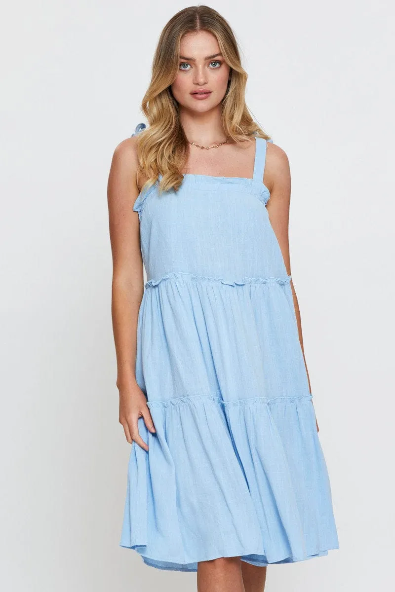 Blue Midi Dress Sleeveless Tie Shoulder