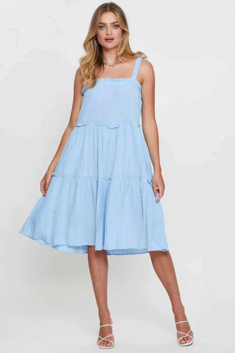 Blue Midi Dress Sleeveless Tie Shoulder