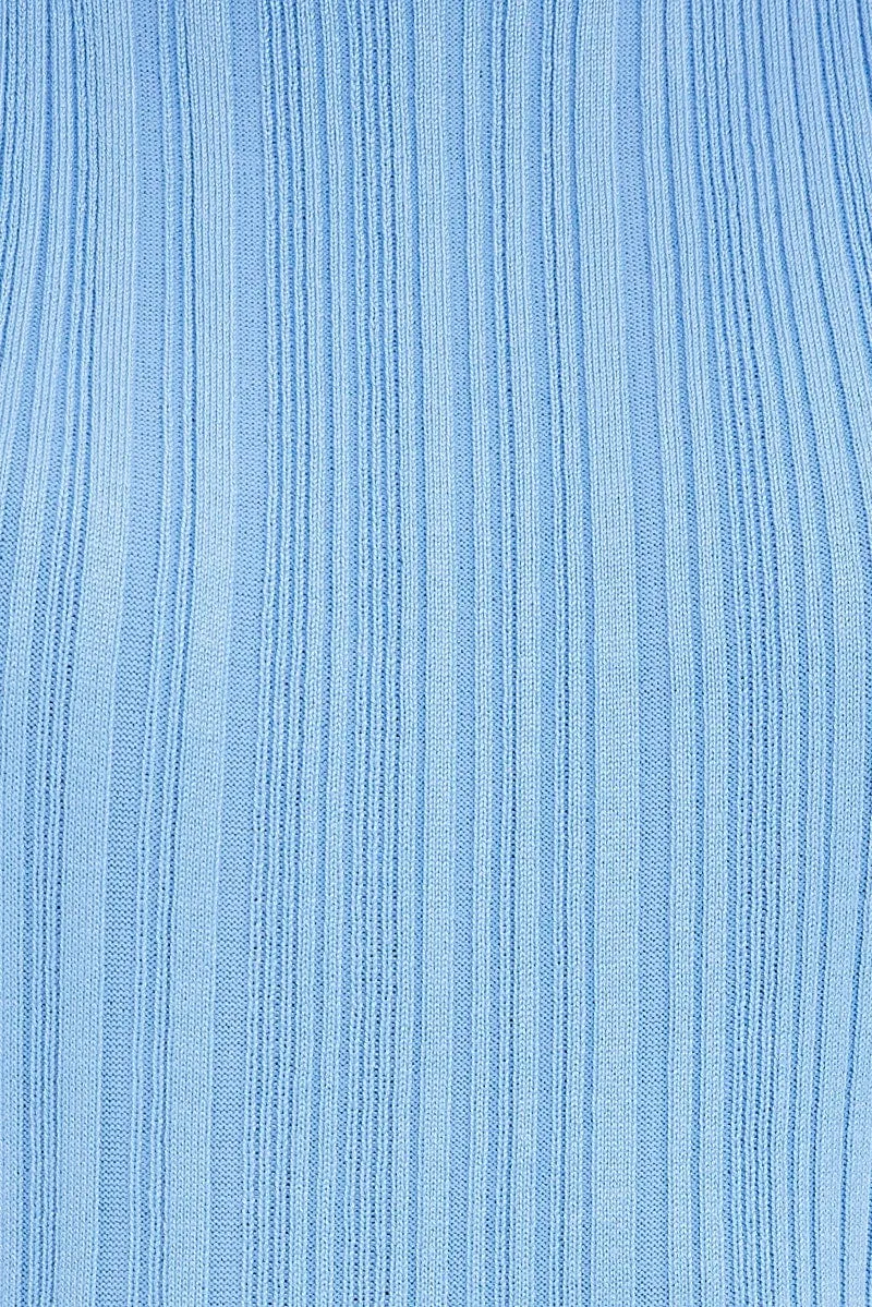 Blue Midi Dress Turtle Neck Bodycon Knitted Rib